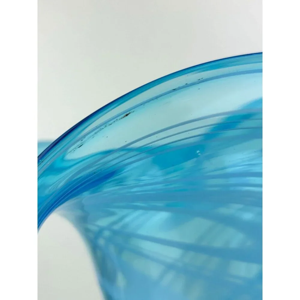 Blown Glass Art Fluted Aqua Blue & White Swirled Vase Home Decor 11.25